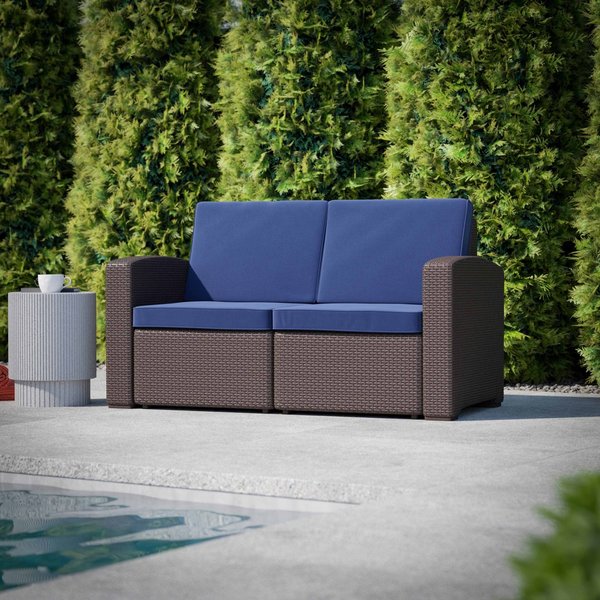 Flash Furniture Seneca Brown Faux Rattan Loveseat with All-Weather Navy Cushions DAD-SF1-2-BNNV-GG